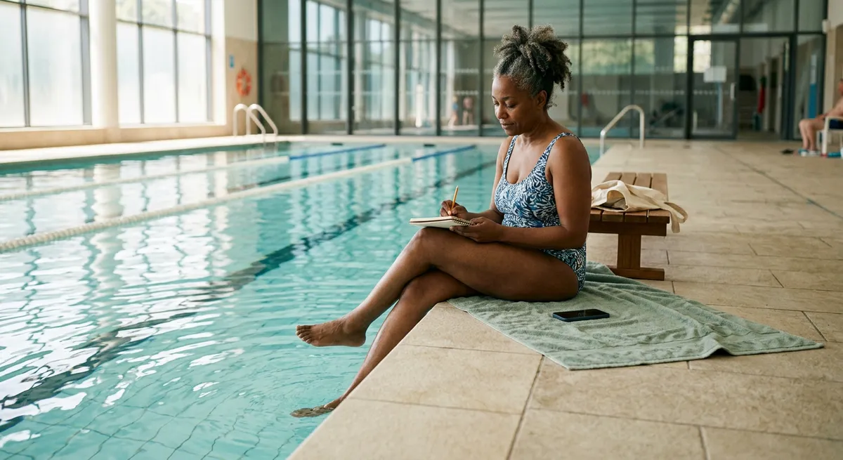 A woman sits on the edge of an indoor pool, her phone set aside, sketching in a notebook—showing an offline moment of clarity and focus for an article about signs of brain rot.