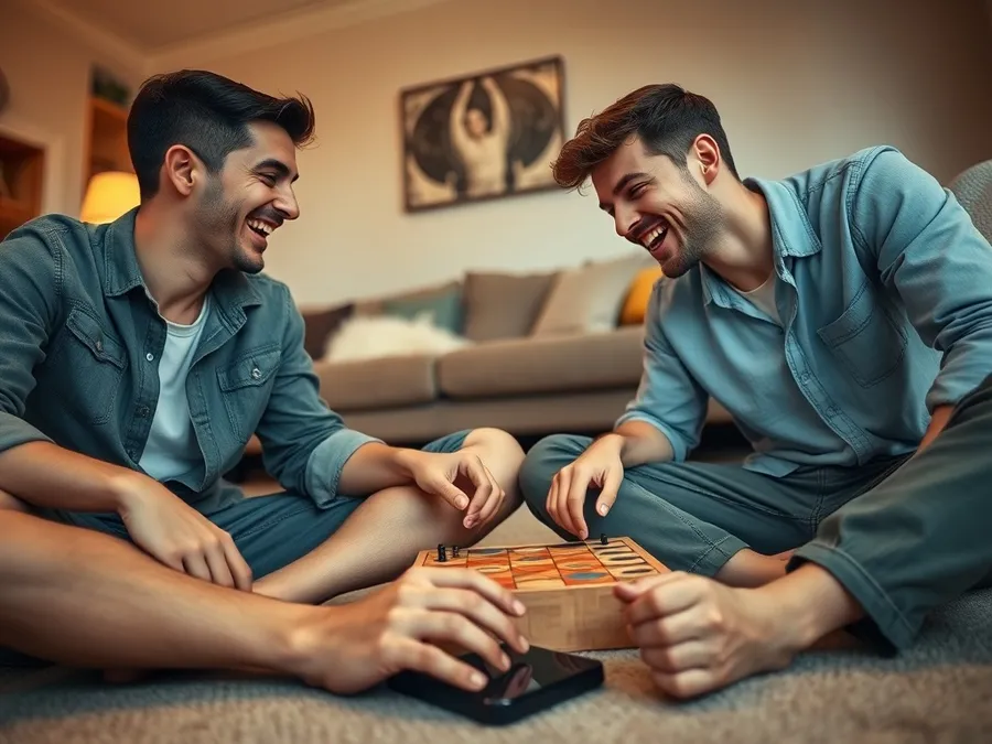 Two friends play a board game on the floor, both laughing and engaged with each other, phones set aside—demonstrating real-world engagement for digital wellbeing.