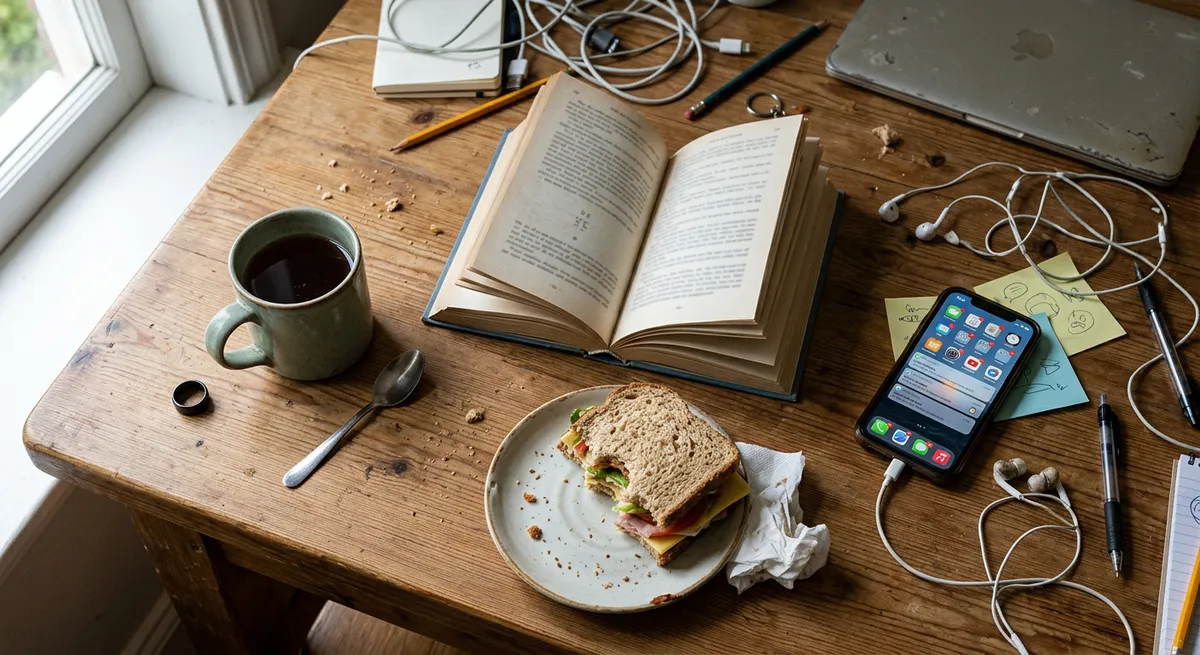 Overhead view of a cluttered table with a phone, book, sandwich, and tea, visually representing the signs of phone addiction in daily life.