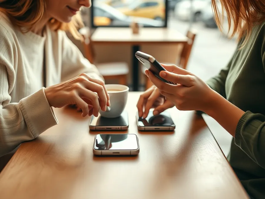 Close-up of two friends at a cafe, their phones set aside while they talk, illustrating a positive response to phone addiction.