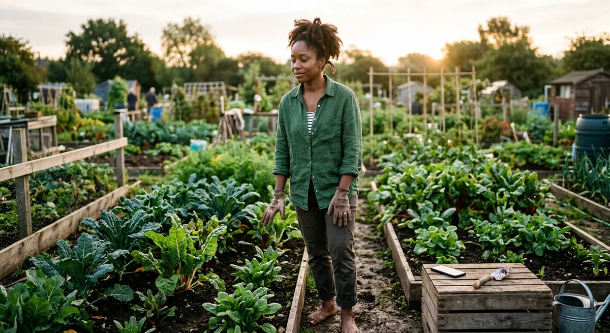 A woman at an allotment garden at sunrise, pausing with soil-covered hands and her phone set aside, reflecting common social media withdrawal symptoms.