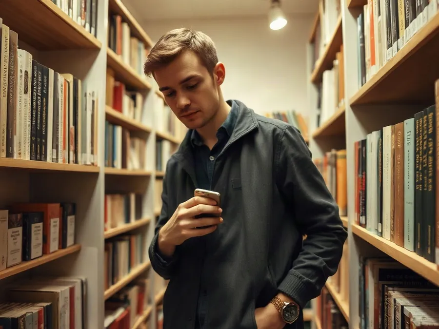 A man browsing bookshelves in a shop, hesitating as he reaches for a book with his phone tucked away, capturing the urge to check social media.