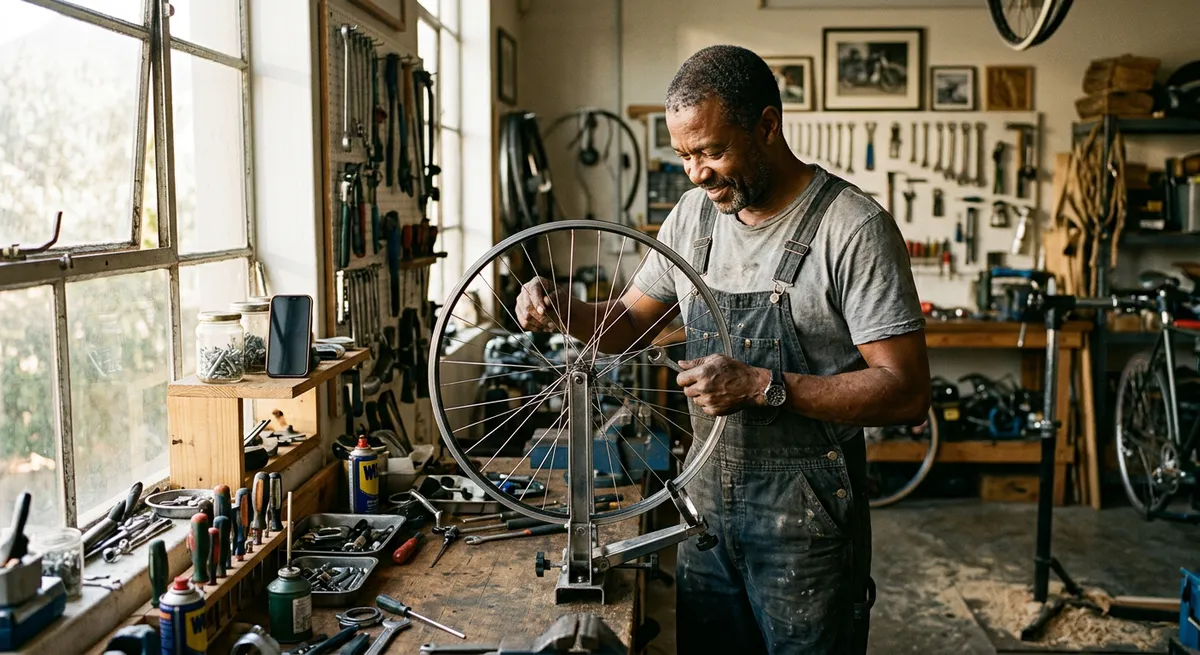 A middle-aged Black man in a garage workshop, setting his iPhone aside while repairing a bicycle wheel, illustrating the challenge of turning off Screen Time without the passcode.