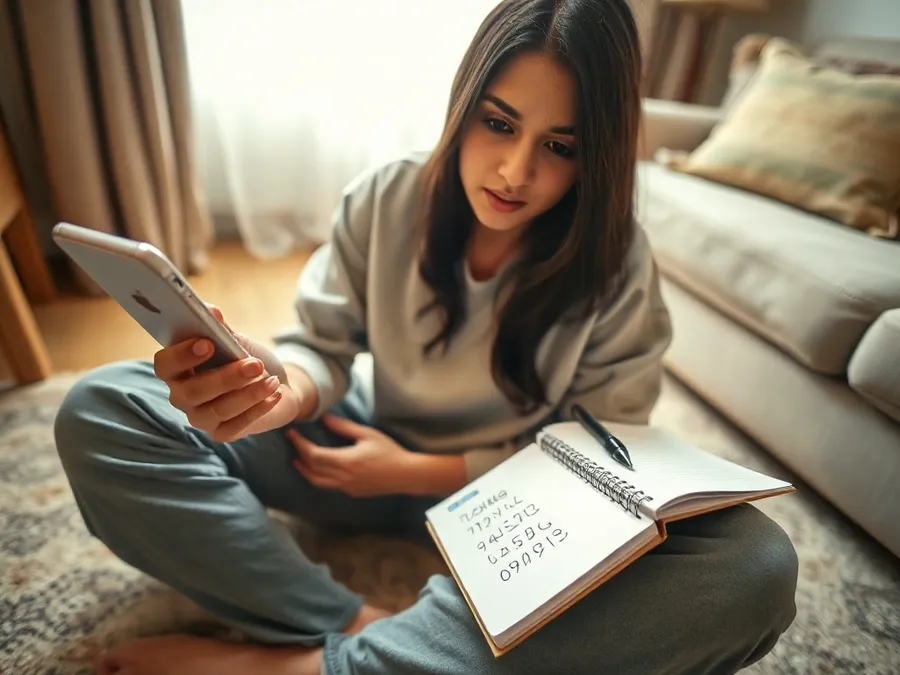 A young South Asian woman attempts to recover her forgotten Screen Time passcode on her iPhone, with a notepad of passcodes beside her.