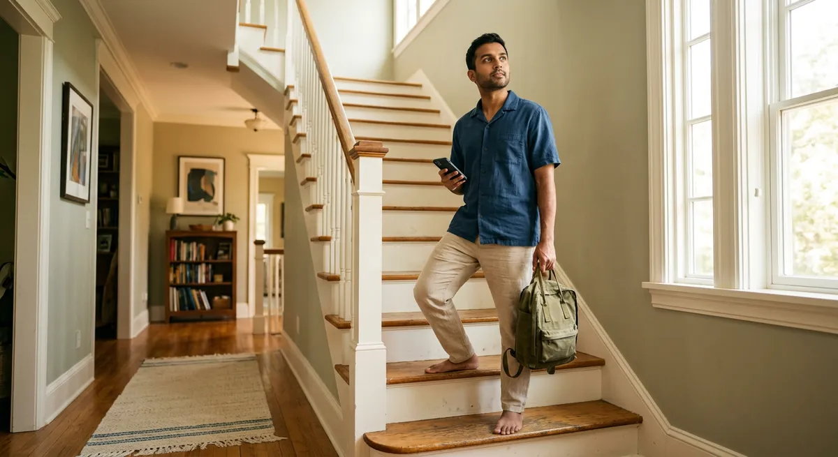 A young South Asian man stands on a home staircase, pausing with his phone in hand, reflecting on his screen time before heading out.