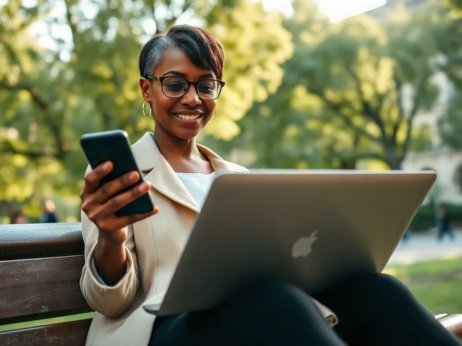 A Black British woman on a park bench uses both her iPhone and MacBook, illustrating the practical challenge of tracking screen time across devices.