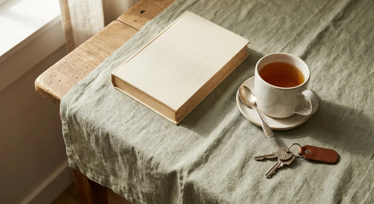 Overhead still life of a kitchen table set for a dopamine detox: book, tea, and keys, sunlit, no digital devices visible.