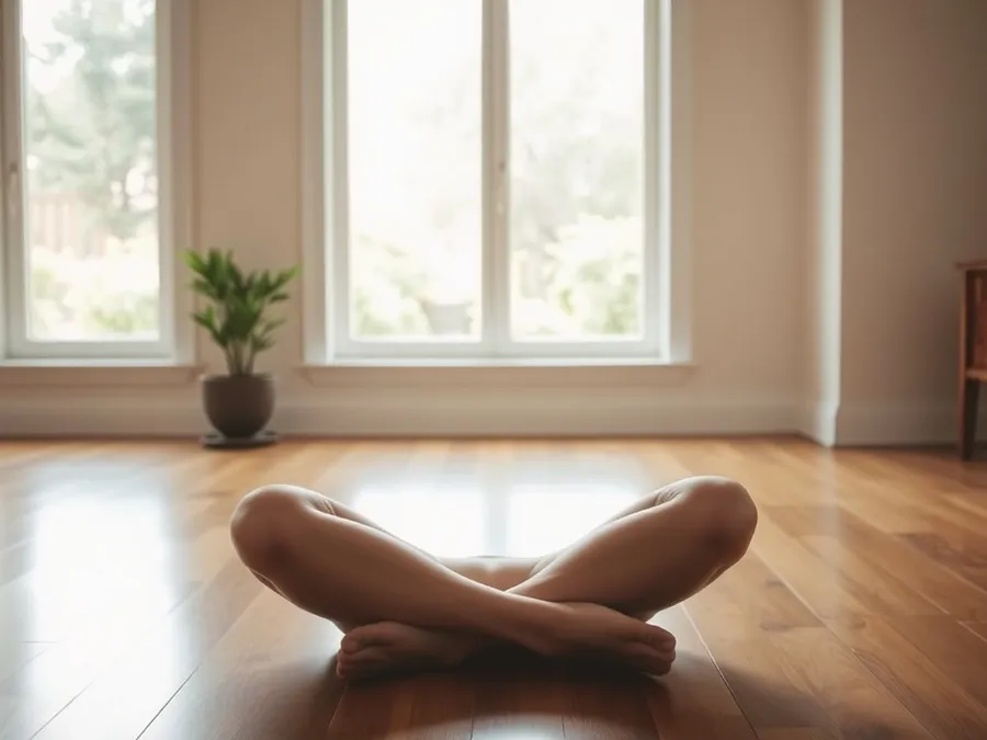 Person sitting calmly on a wooden floor, looking out a window at a garden, representing mindful presence during a dopamine detox.