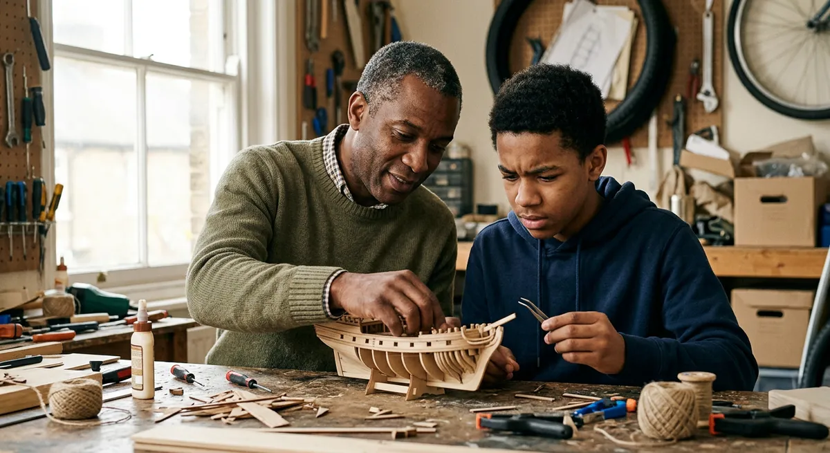 A father and son focused on building a wooden model at a home workbench, representing time spent away from screens and the idea of screen time passcodes.