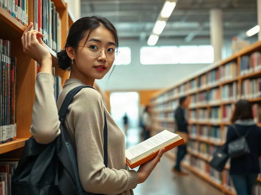 A young woman reaching for a book in a library with her phone tucked away, showing an alternative to screen time.