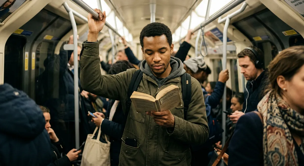 A young man in a busy subway car stands reading a book with his phone put away, illustrating attention residue and focus in daily life.