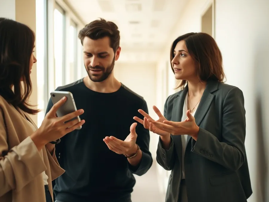 Close-up of two people talking in an office hallway, one holding their phone aside to focus, showing real-life attention management.