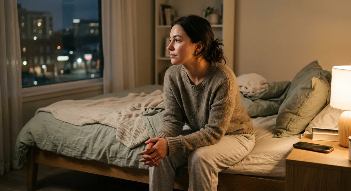 A young adult practicing revenge bedtime procrastination, sitting on their bed at night with their phone put aside, looking out the window in a softly lit, relaxed bedroom.