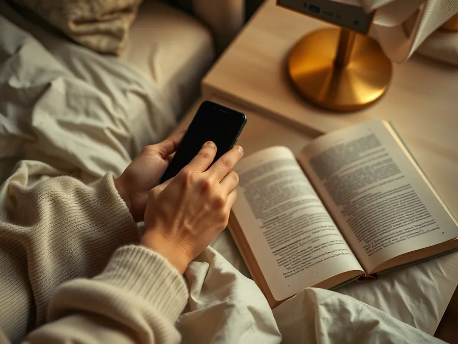 A close-up of hands setting a phone face-down on a nightstand beside a book, preparing to wind down for bed—illustrating a practical response to revenge bedtime procrastination.