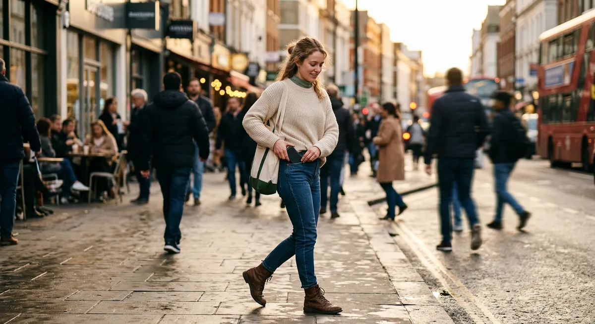 A young woman on a busy city sidewalk pockets her phone and looks calmly ahead, capturing the real-world feeling behind 'brain rot'.