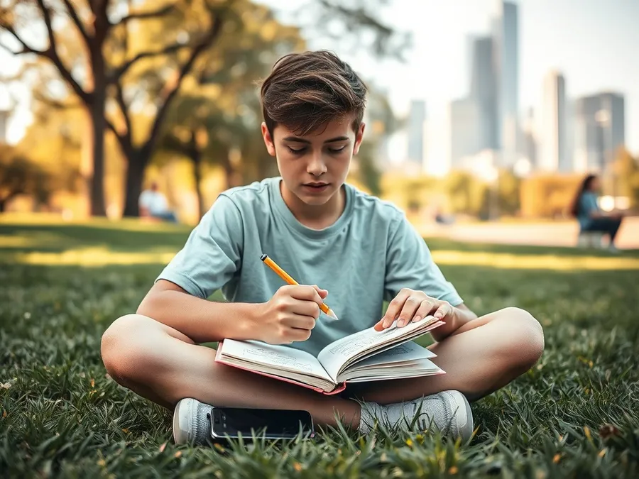 A teenage boy in a park drawing in a sketchbook with his phone set aside, illustrating a break from screens and mental refreshment.