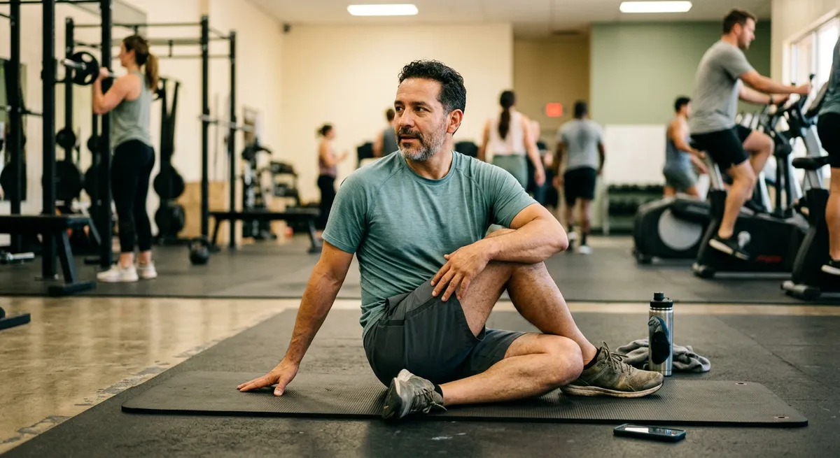 A middle-aged man stretching on a gym mat, his phone set aside behind him, illustrating digital minimalism through intentional tech-free activity.