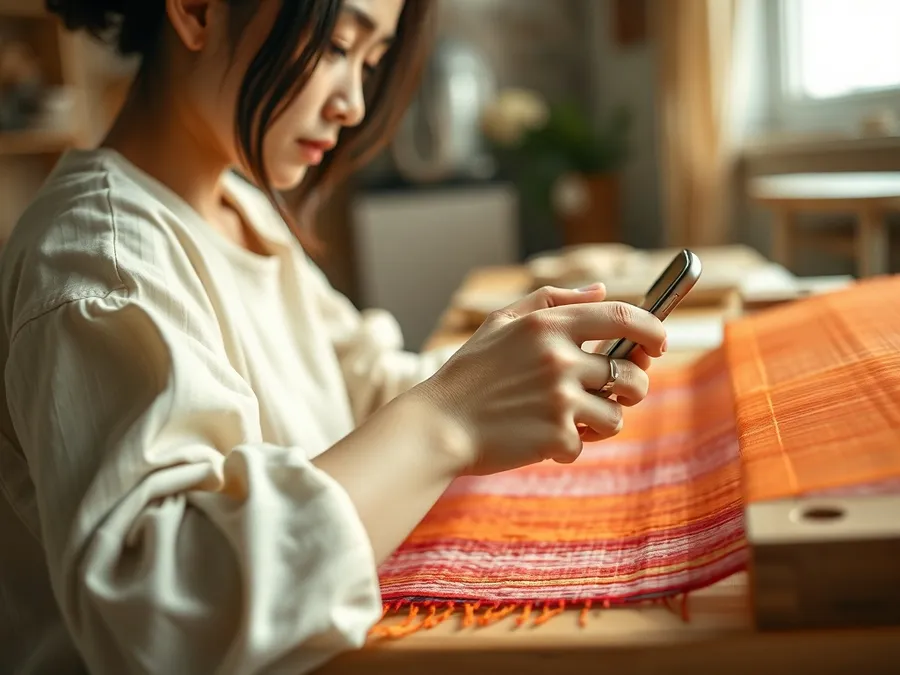 Close-up of a young woman’s hands weaving at a craft table, her phone set aside, showing digital minimalism in everyday creative practice.