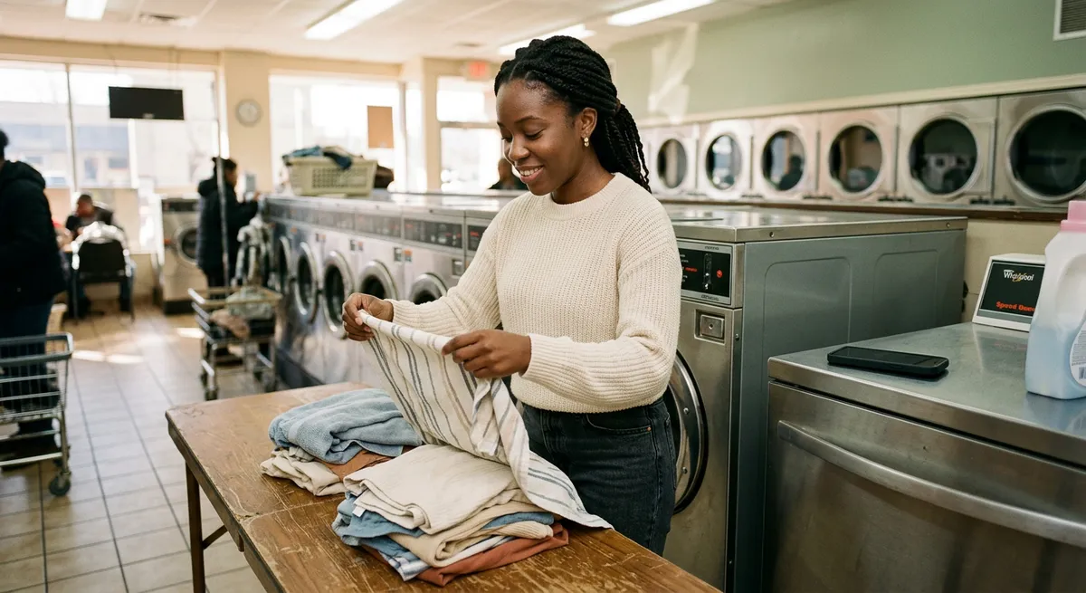 A young Black woman stands in a laundromat folding clothes, her iPhone left unused on a washing machine nearby, showing calm focus while away from her phone.