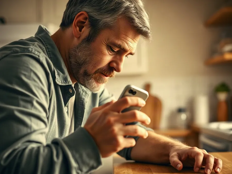 A father and son at a kitchen counter set a Screen Time passcode together on an iPhone, illustrating digital wellbeing and parental controls.