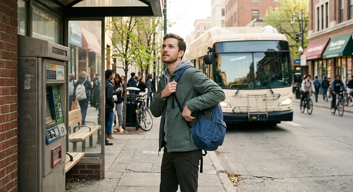 A young man at a city bus stop puts his phone away as the bus arrives, illustrating the theme of high screen time and conscious breaks.