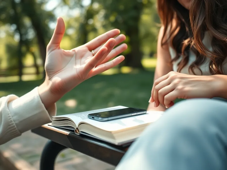 Close-up of friends' hands and a phone on a park bench, suggesting a moment of real-world connection away from screens.