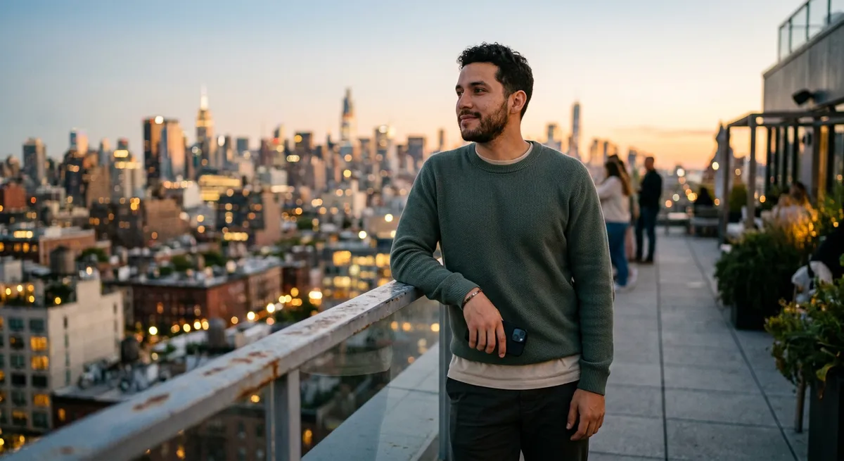 A young man relaxes on a city rooftop at dusk, holding his iPhone loosely, contemplating his screen time and the city lights beyond.