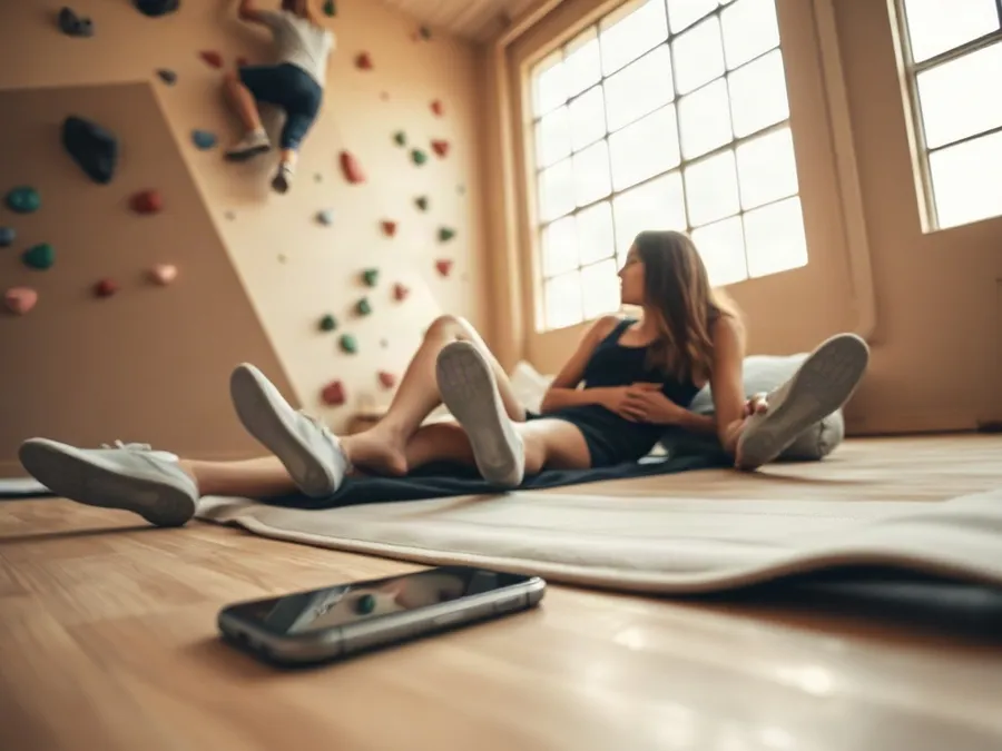 Two friends at an indoor climbing gym, one climbing and one resting, with a phone left aside, illustrating mindful time away from screens.