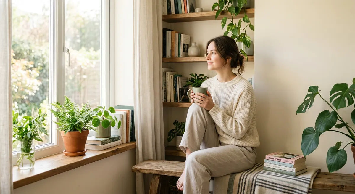 A calm lifestyle scene showing someone relaxing with coffee, illustrating a life beyond screen time blockers