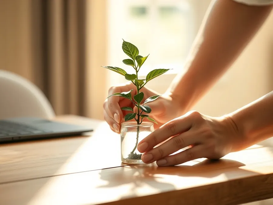 Hands caring for a plant, representing mindful moments away from screens and digital distractions