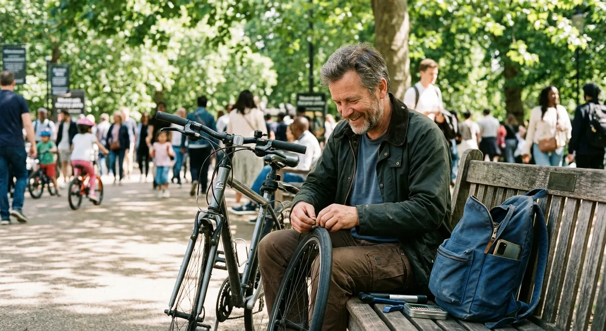 A candid moment of a man repairing his bike on a park bench, his phone put away, illustrating focused attention instead of checking his phone.