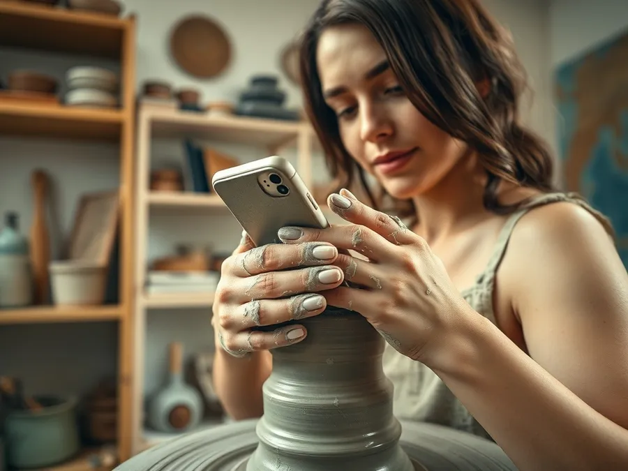 Close-up of a woman working with clay at a pottery wheel, her phone set aside, capturing hands-on focus away from digital distractions.