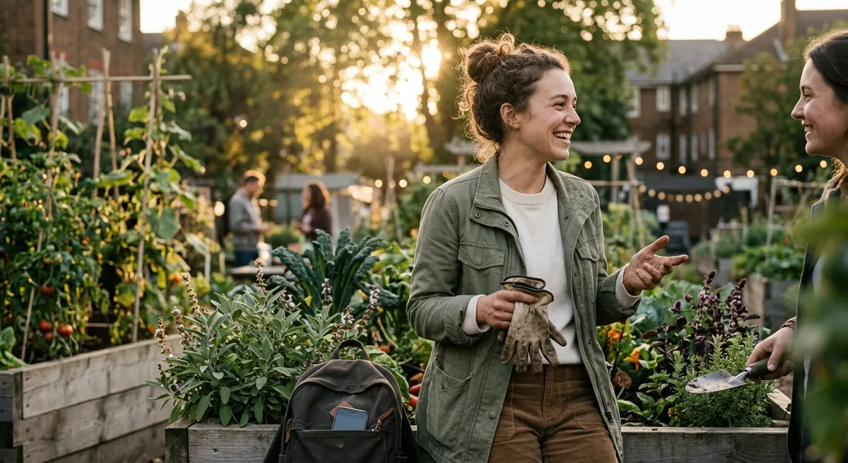 A young woman in a city garden at sunset, chatting with a friend, her phone set aside, illustrating relief and focus away from screens.