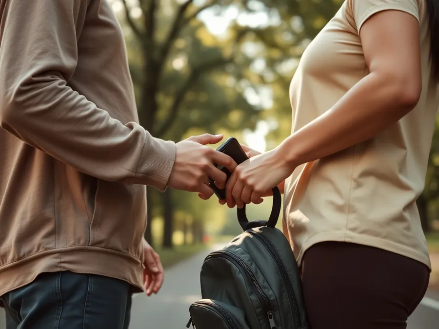 Close-up of two friends exchanging a phone before a run in a park, showing a practical step toward reducing screen time.